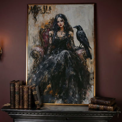 Dark Throne: Gothic Woman and Raven Canvas Wall Art in rose gold floating frame