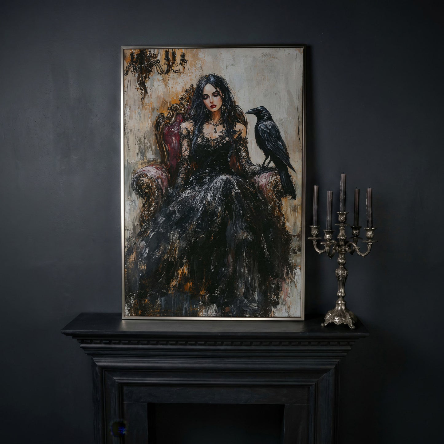 Dark Throne: Gothic Woman and Raven Canvas Wall Art in silver floating frame