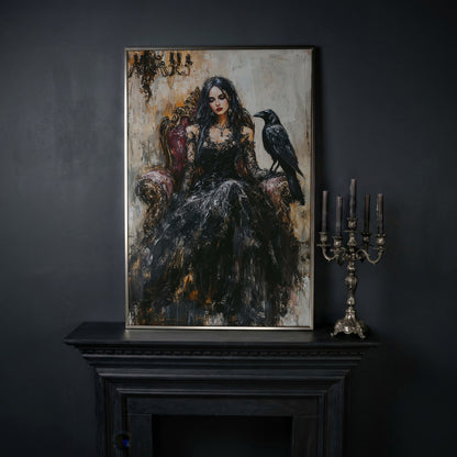 Dark Throne: Gothic Woman and Raven Canvas Wall Art in silver floating frame
