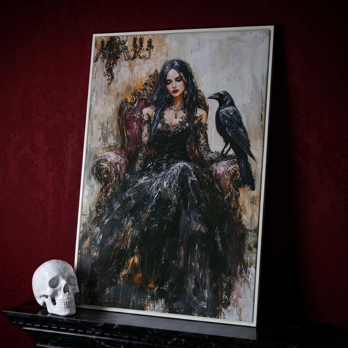 Dark Throne: Gothic Woman and Raven Canvas Wall Art in white floating frame
