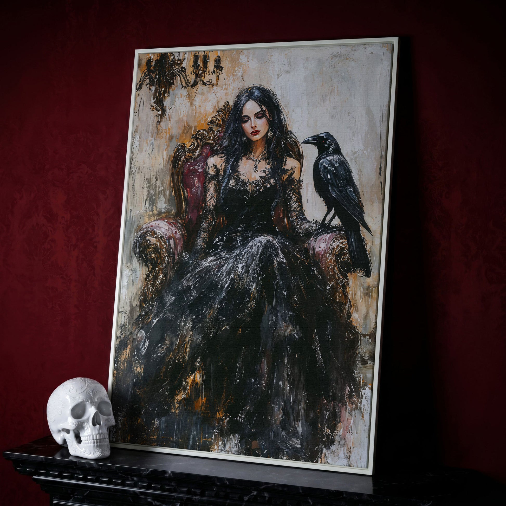 Dark Throne: Gothic Woman and Raven Canvas Wall Art in white floating frame
