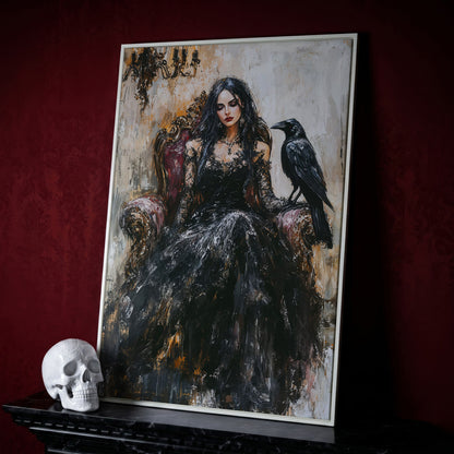Dark Throne: Gothic Woman and Raven Canvas Wall Art in white floating frame