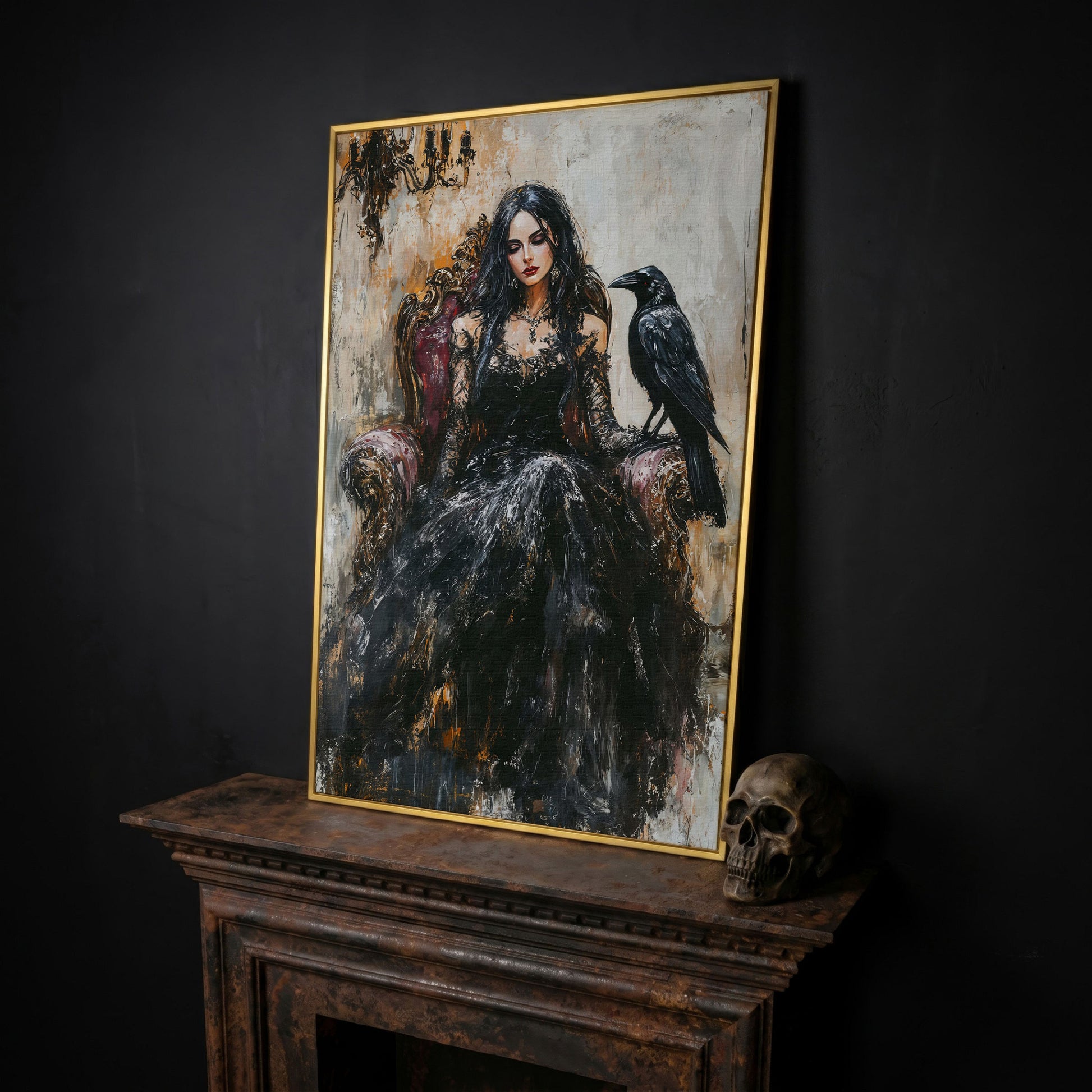 Dark Throne: Gothic Woman and Raven Canvas Wall Art in yellow gold floating frame