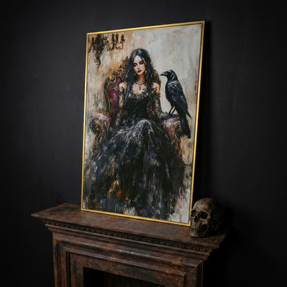 Dark Throne: Gothic Woman and Raven Canvas Wall Art in yellow gold floating frame