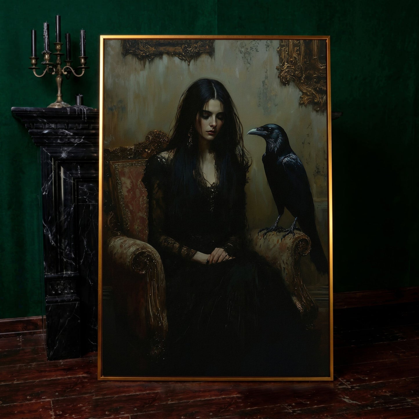 Melancholic Woman with Black Raven Canvas Wall Art in antique gold floating frame