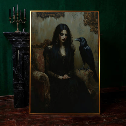 Melancholic Woman with Black Raven Canvas Wall Art in antique gold floating frame