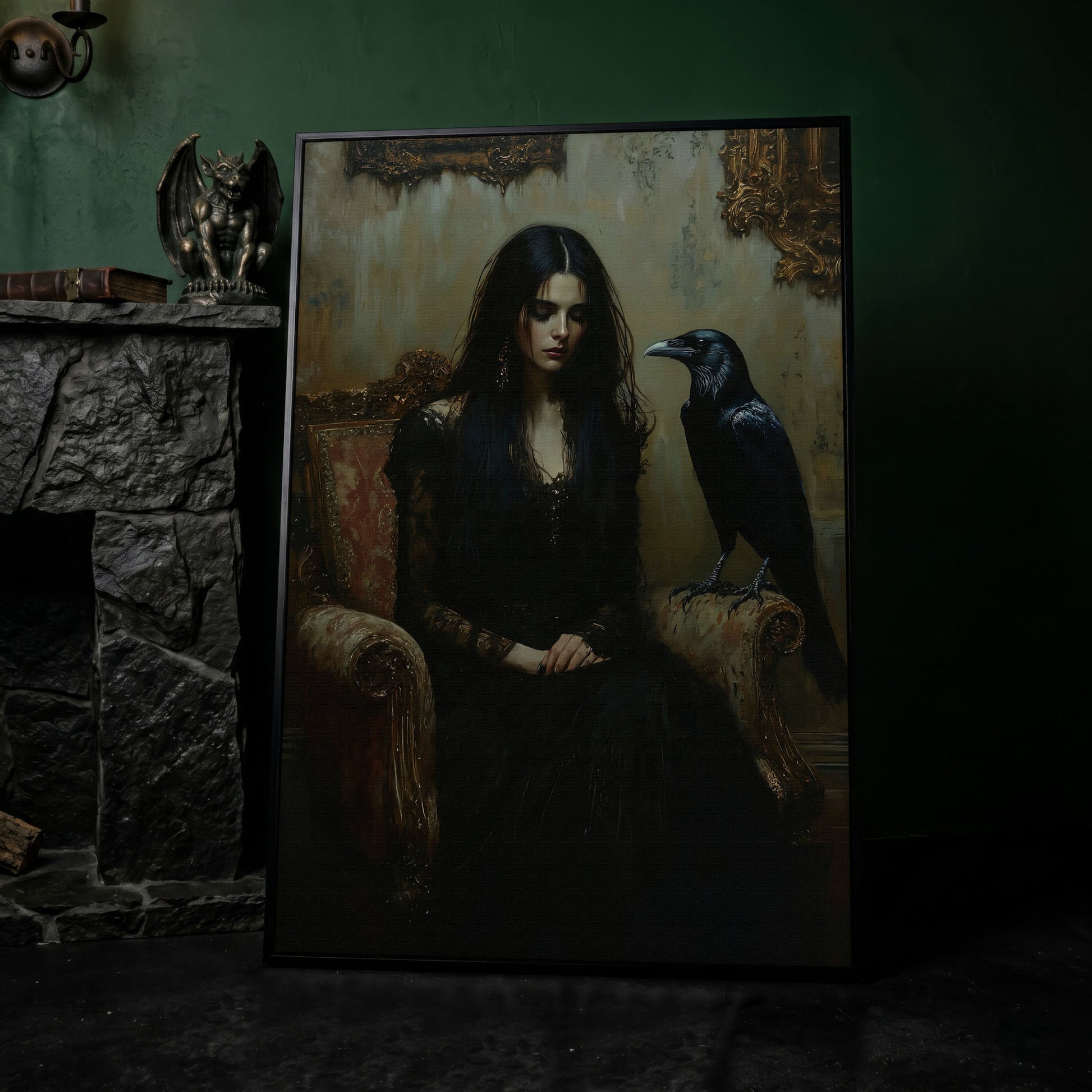 Melancholic Woman with Black Raven Canvas Wall Art in black floating frame