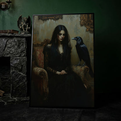 Melancholic Woman with Black Raven Canvas Wall Art in black floating frame