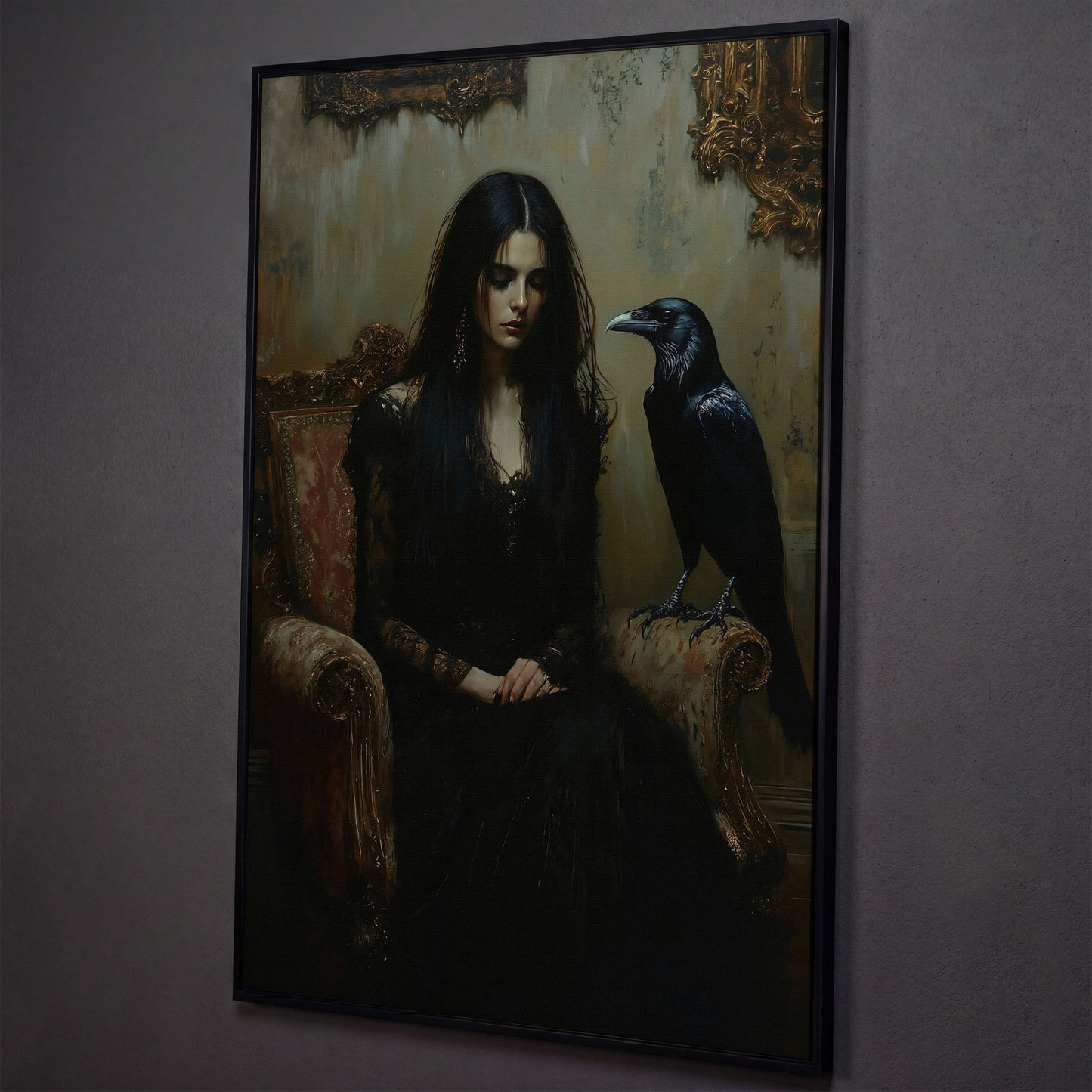 Melancholic Woman with Black Raven Canvas Wall Art shown in black floating frame