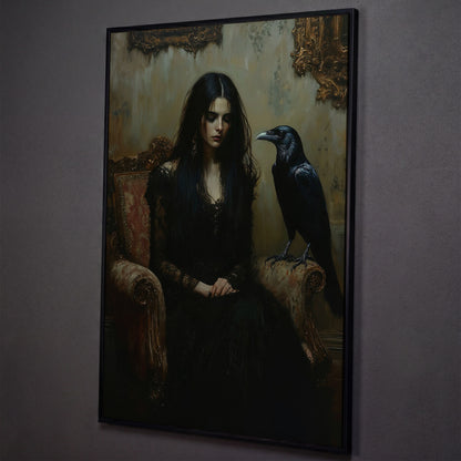 Melancholic Woman with Black Raven Canvas Wall Art shown in black floating frame