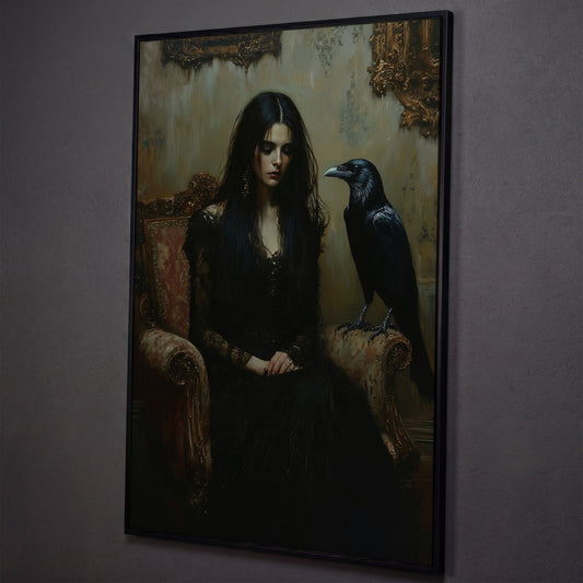 Melancholic Woman with Black Raven Canvas Wall Art shown in black floating frame