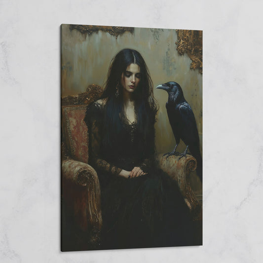 Melancholic Woman with Black Raven Canvas Wall Art on gallery wrap