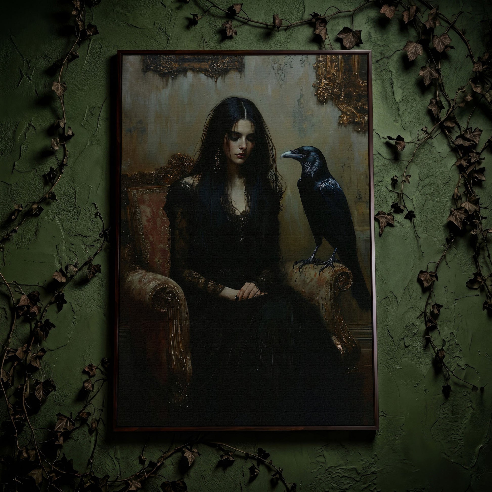Melancholic Woman with Black Raven Canvas Wall Art in dark walnut floating frame
