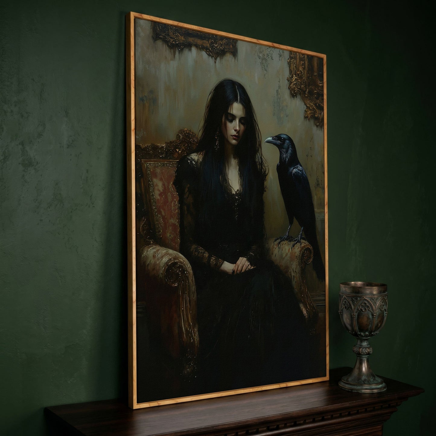 Melancholic Woman with Black Raven Canvas Wall Art in white oak floating frame