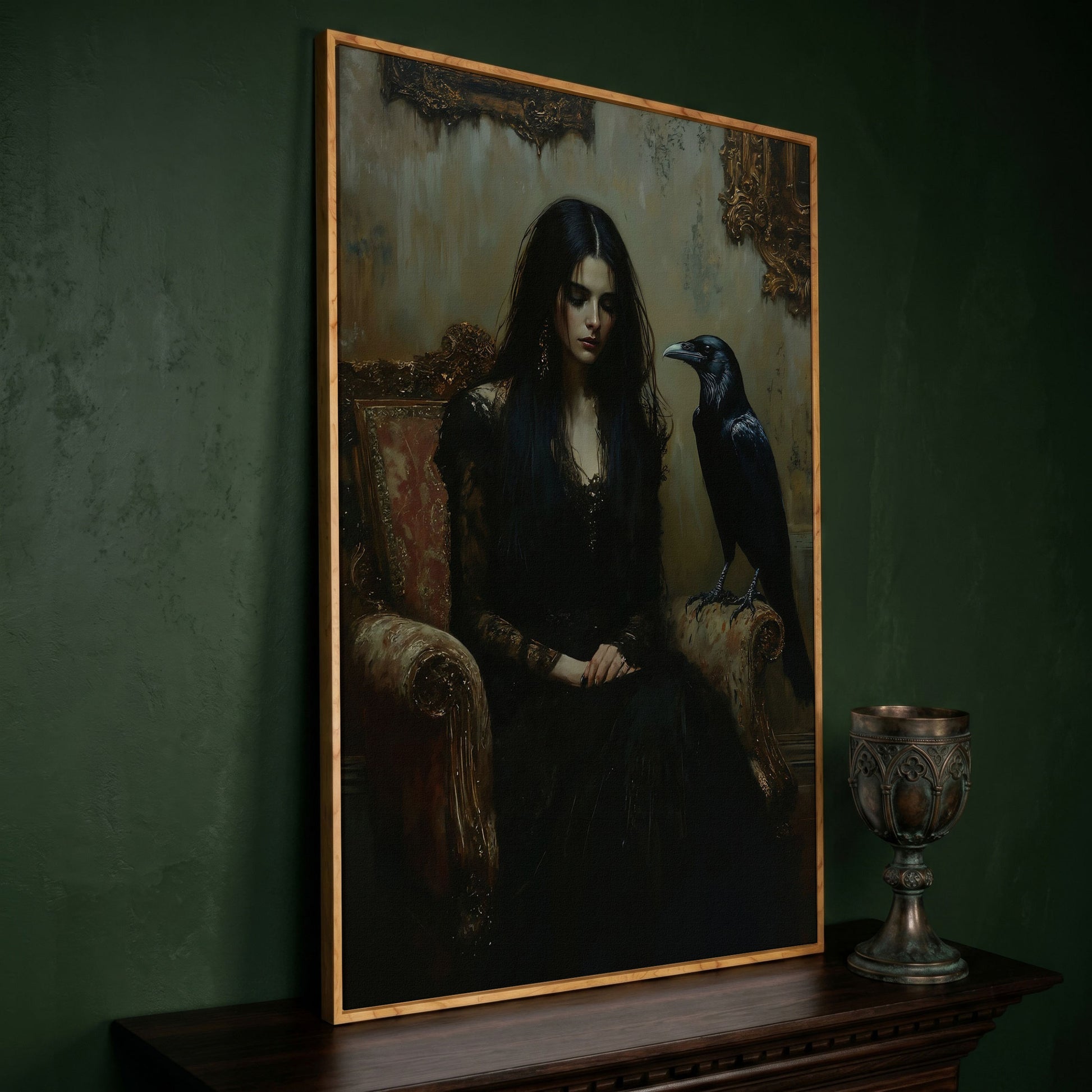 Melancholic Woman with Black Raven Canvas Wall Art in white oak floating frame
