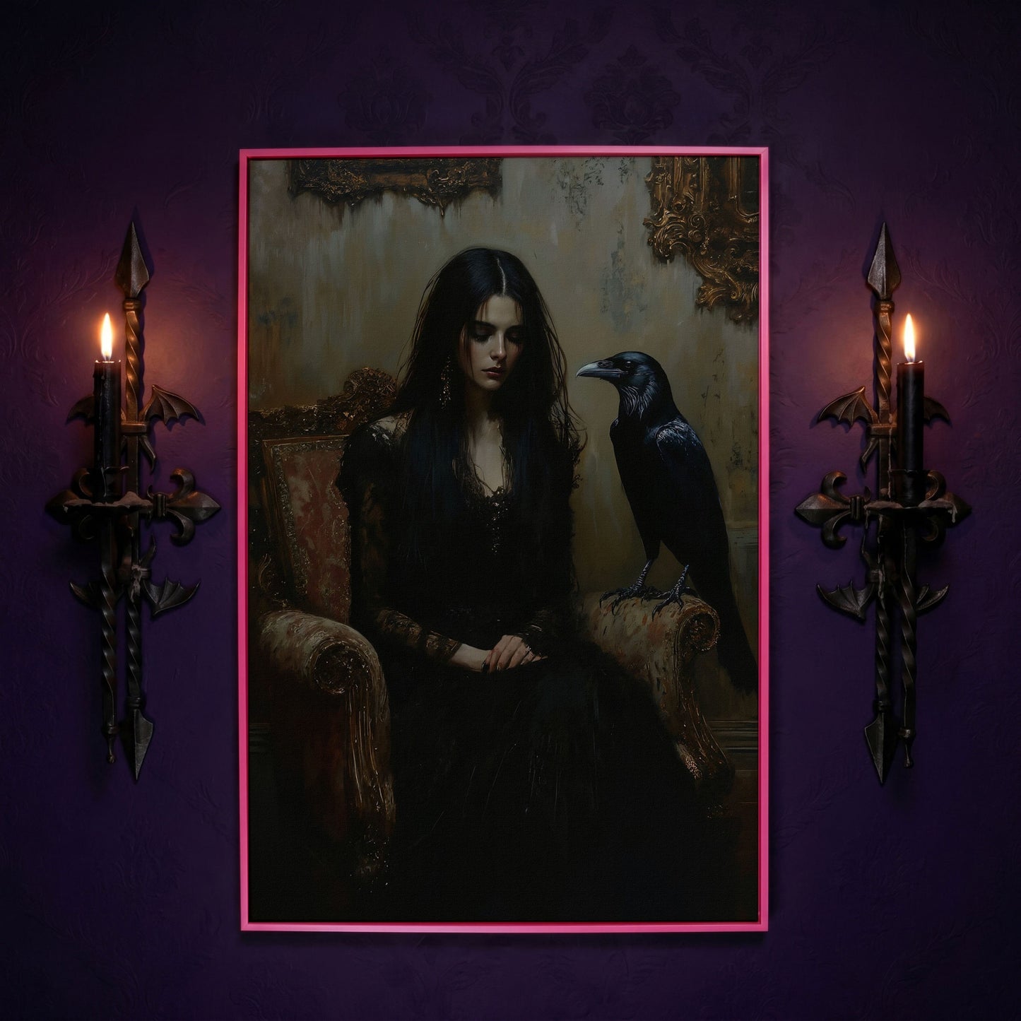 Melancholic Woman with Black Raven Canvas Wall Art in pink floating frame