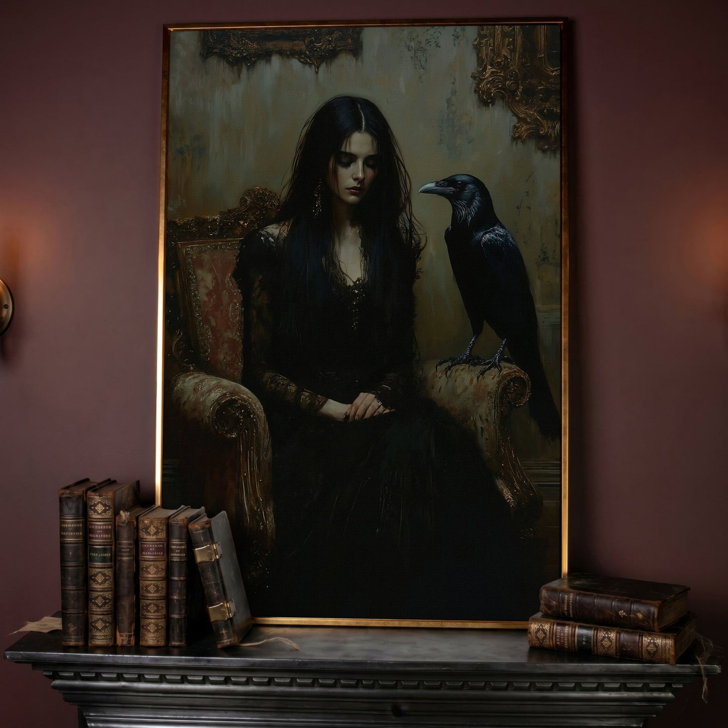 Melancholic Woman with Black Raven Canvas Wall Art in rose gold floating frame
