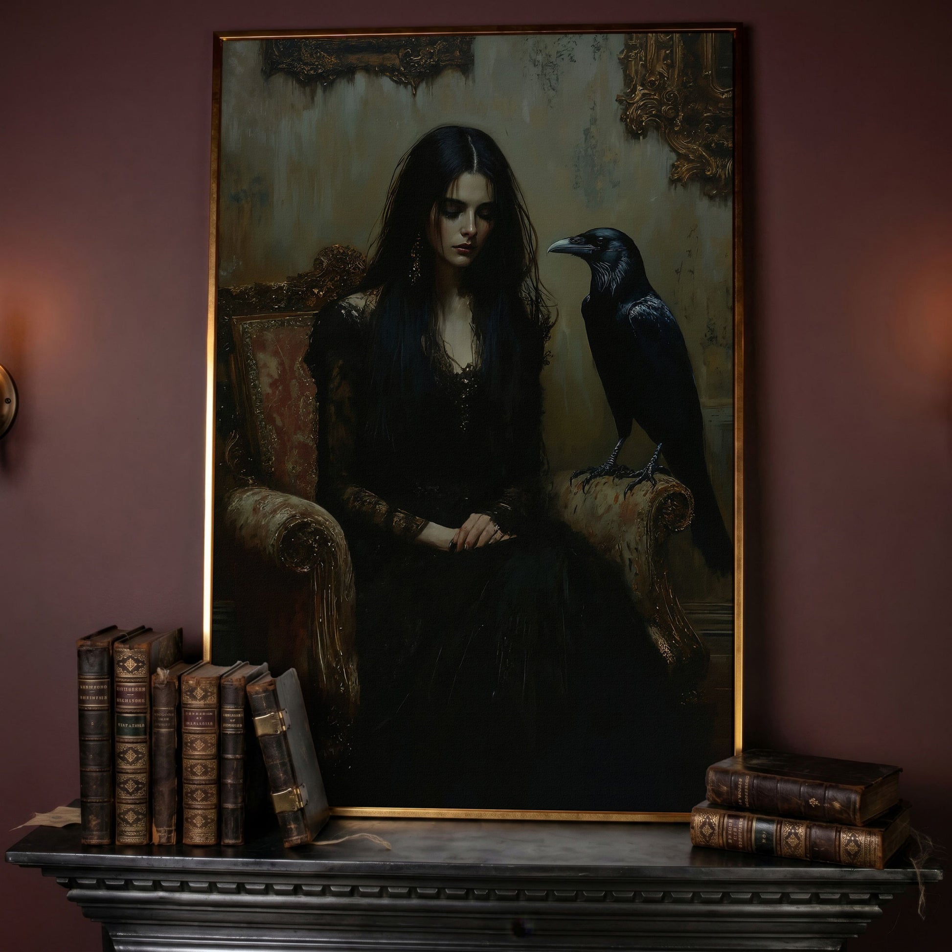 Melancholic Woman with Black Raven Canvas Wall Art in rose gold floating frame