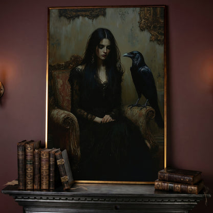 Melancholic Woman with Black Raven Canvas Wall Art in rose gold floating frame