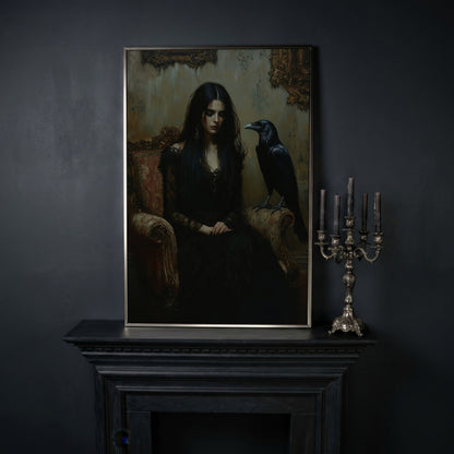 Melancholic Woman with Black Raven Canvas Wall Art in silver floating frame
