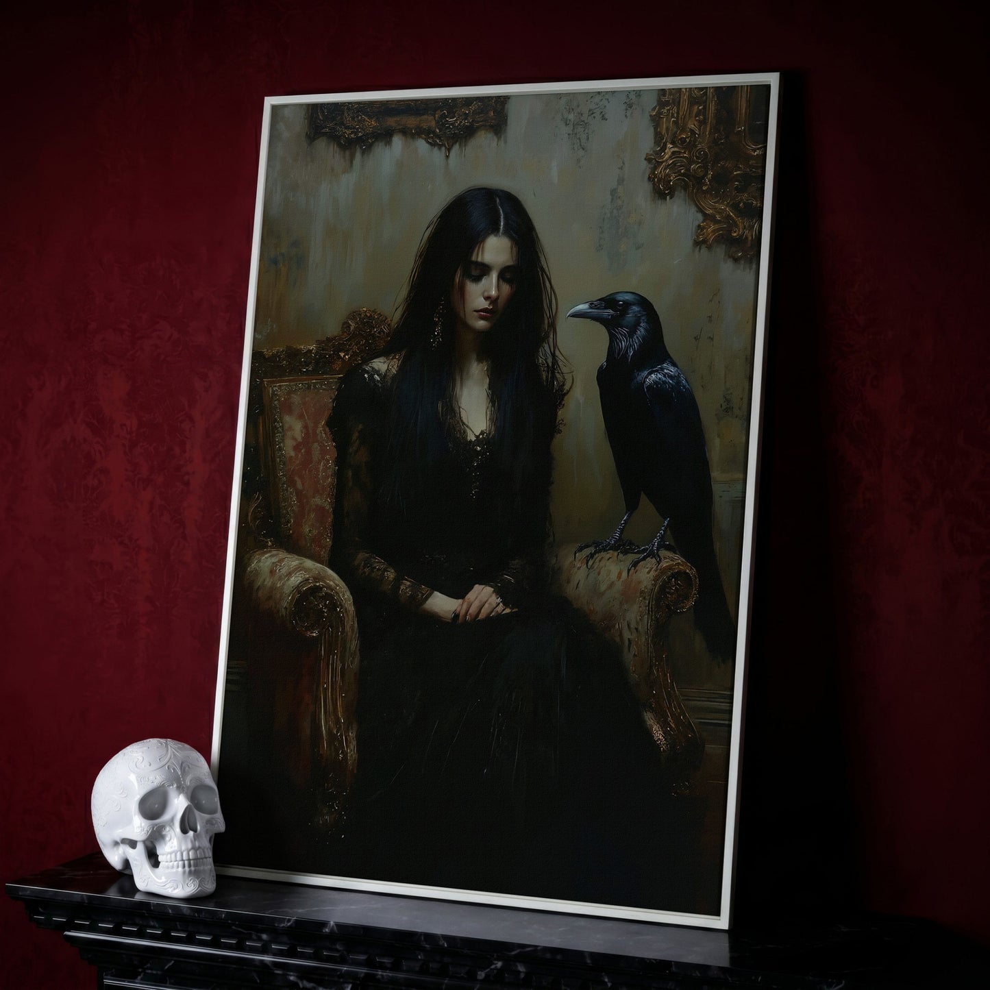 Melancholic Woman with Black Raven Canvas Wall Art in white floating frame