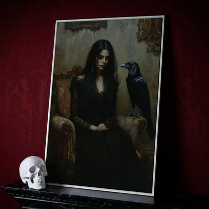 Melancholic Woman with Black Raven Canvas Wall Art in white floating frame