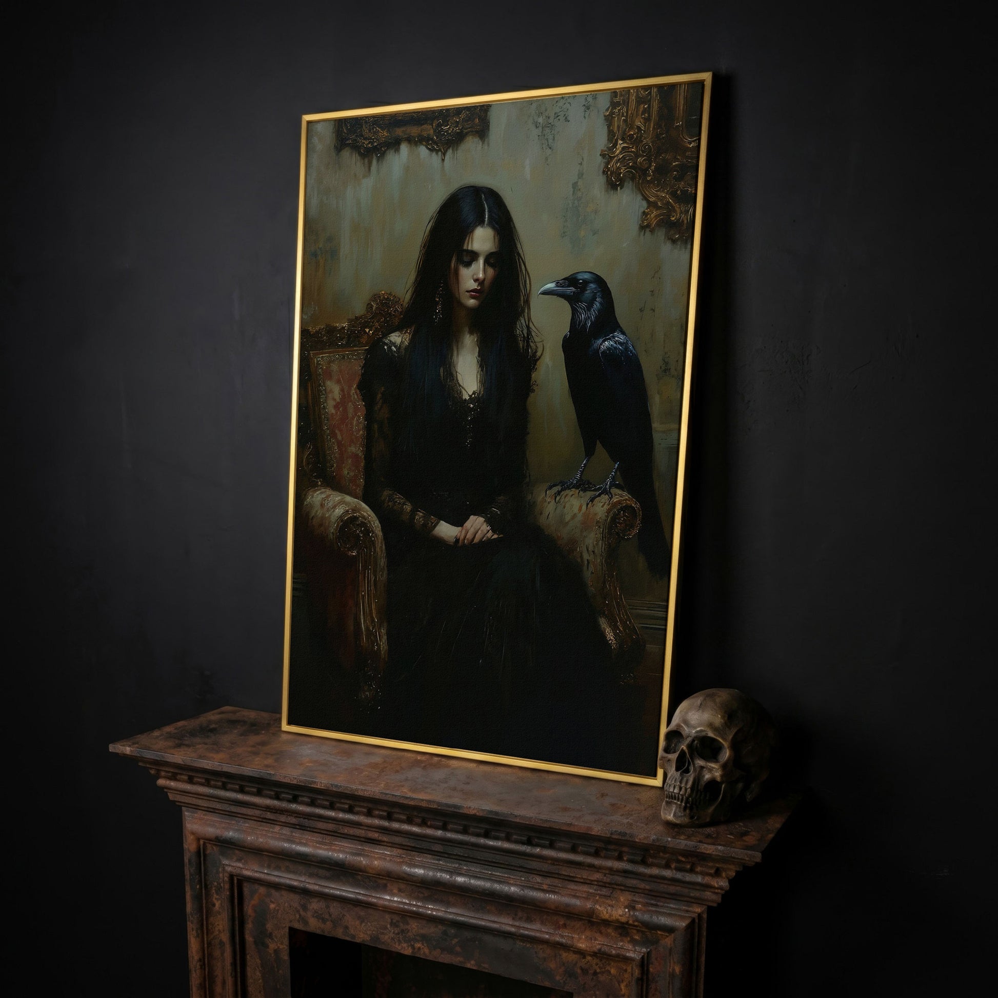 Melancholic Woman with Black Raven Canvas Wall Art in yellow gold floating frame
