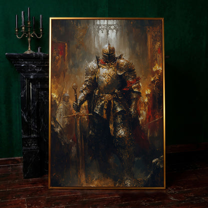 Medieval Knight in Armor Canvas Art, Dark Fantasy Warrior Print in antique gold floating frame