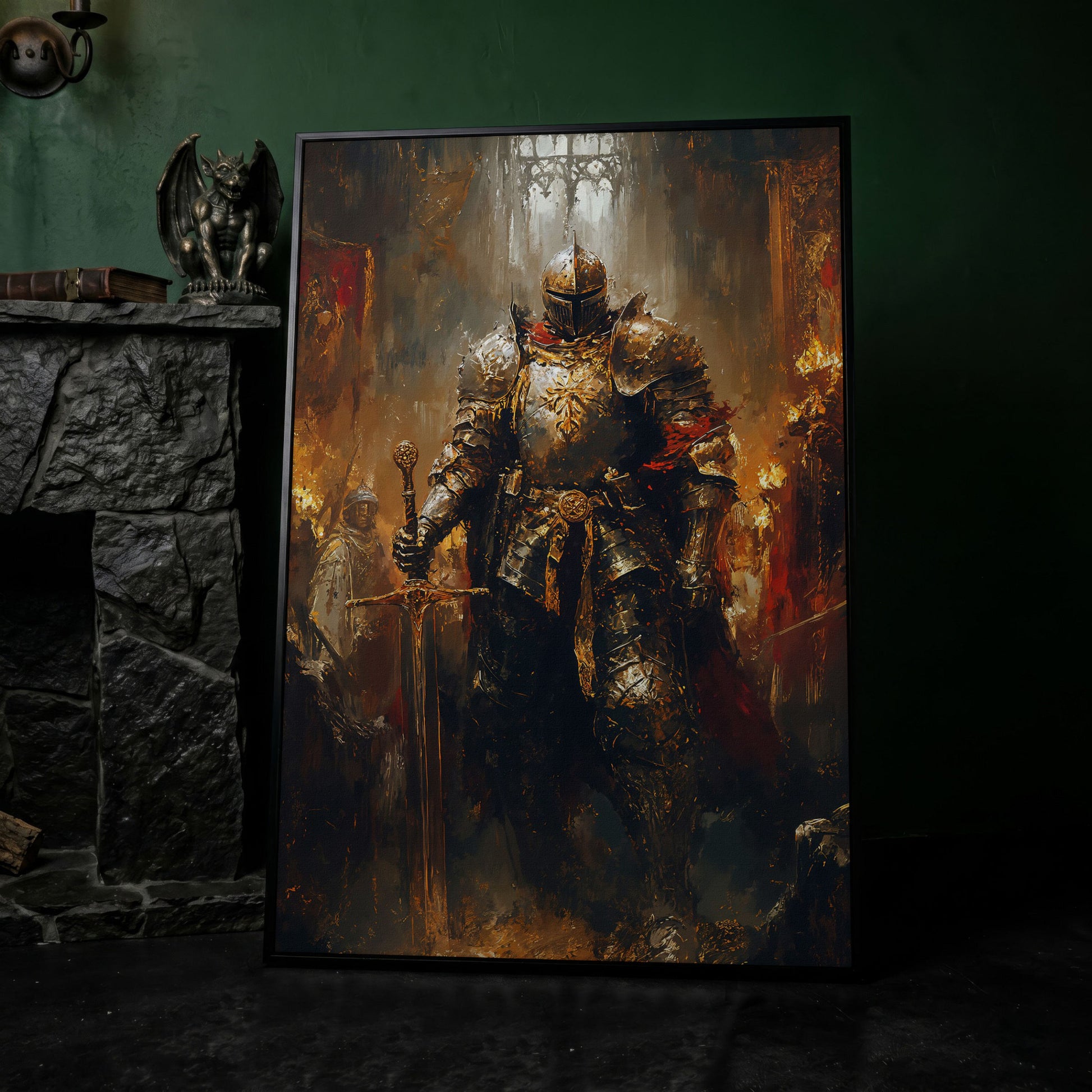 Medieval Knight in Armor Canvas Art, Dark Fantasy Warrior Print in black floating frame