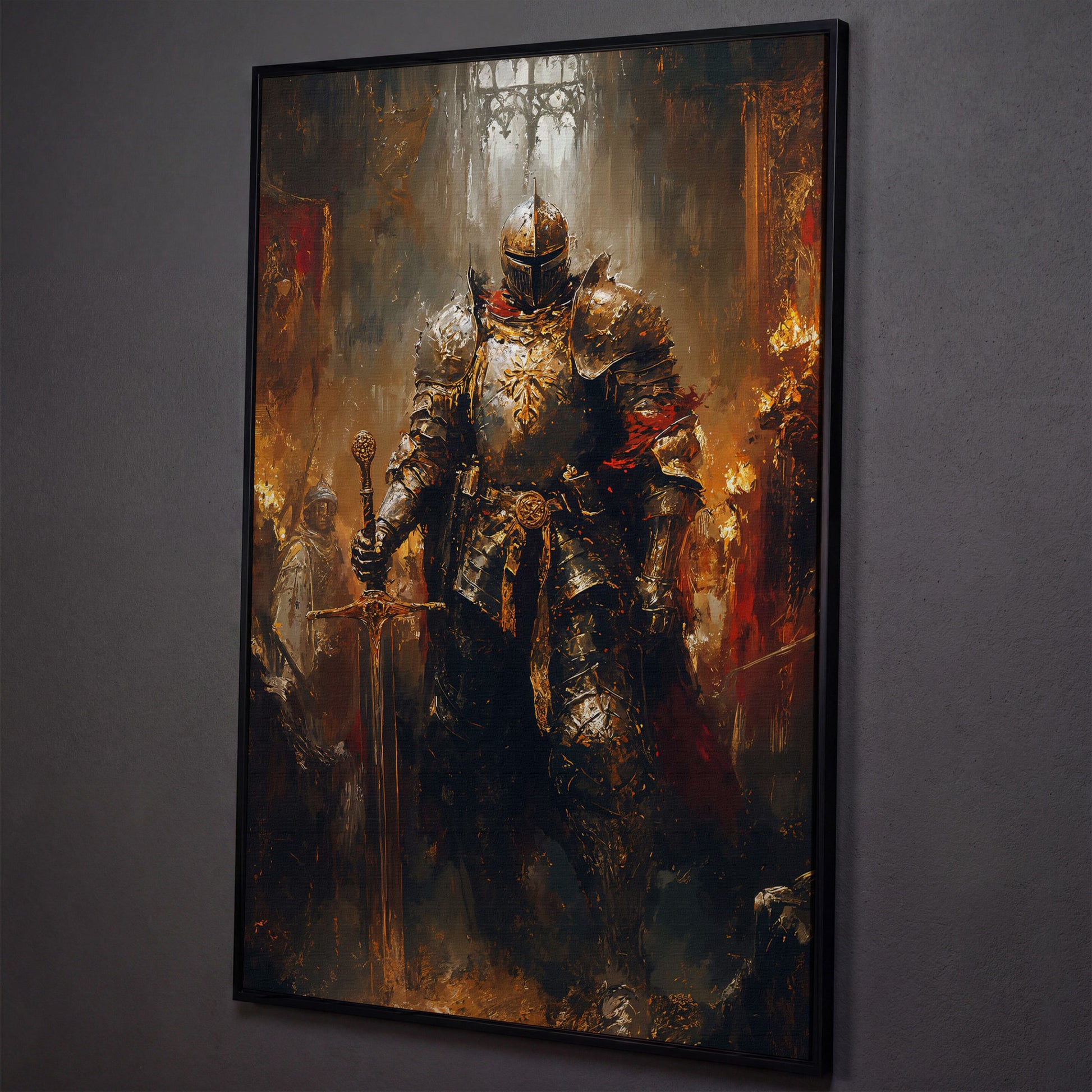 Medieval Knight in Armor Canvas Art, Dark Fantasy Warrior Print shown in black floating frame