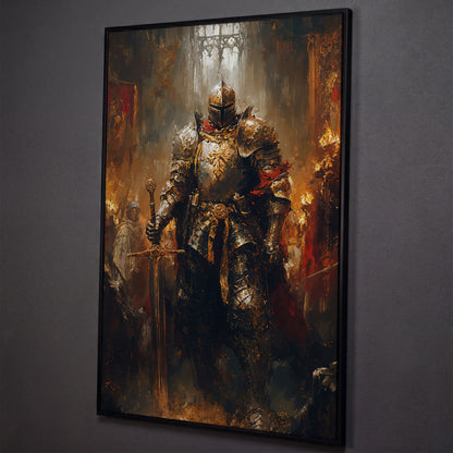Medieval Knight in Armor Canvas Art, Dark Fantasy Warrior Print shown in black floating frame