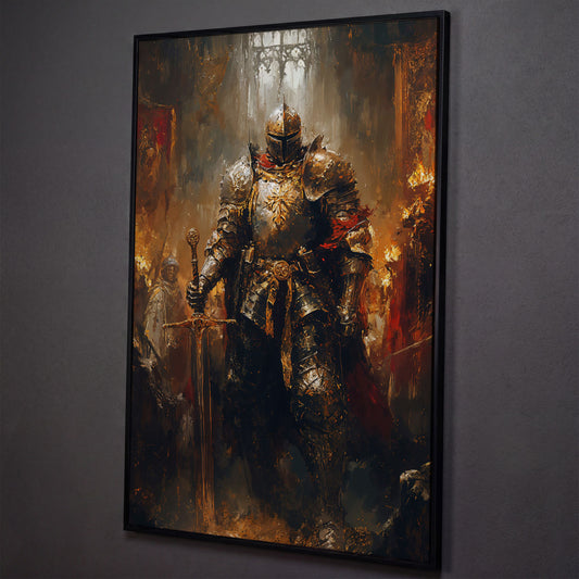 Medieval Knight in Armor Canvas Art, Dark Fantasy Warrior Print shown in black floating frame