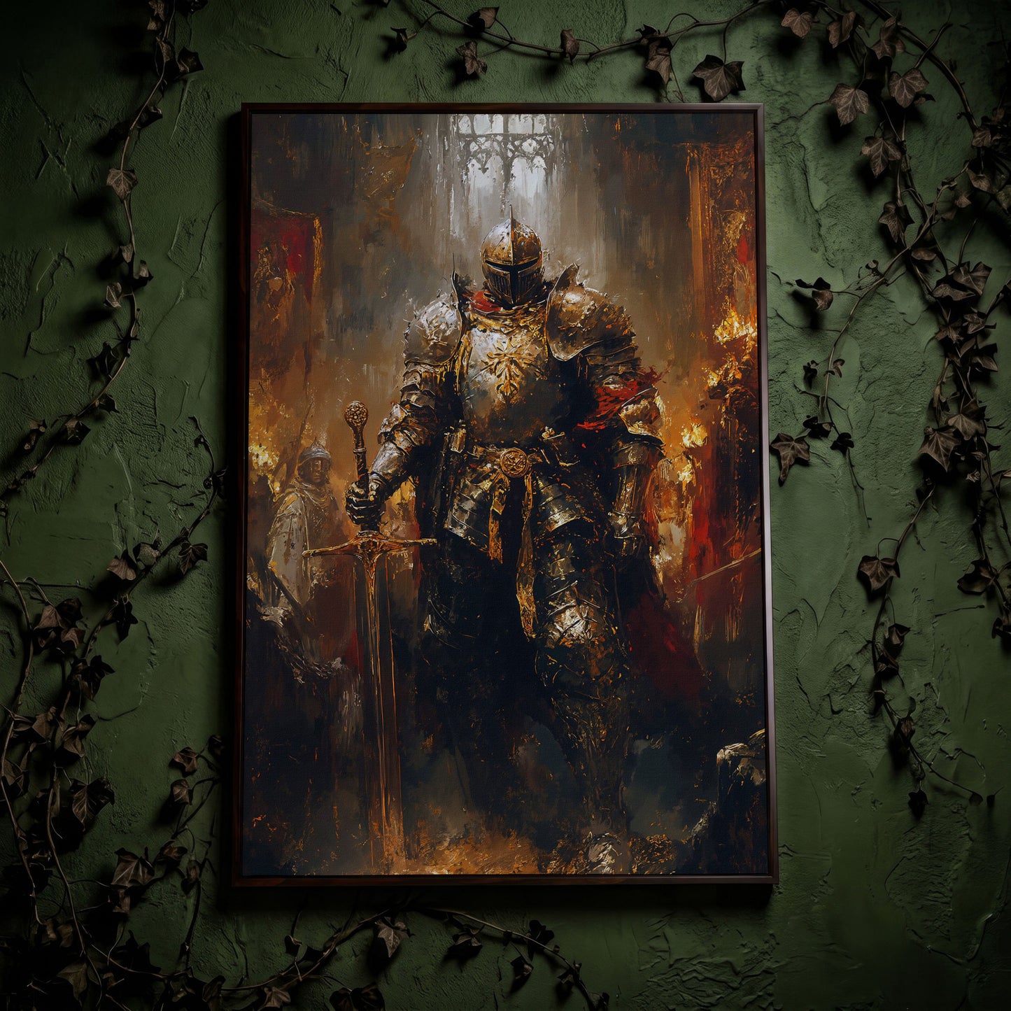 Medieval Knight in Armor Canvas Art, Dark Fantasy Warrior Print in dark walnut floating frame