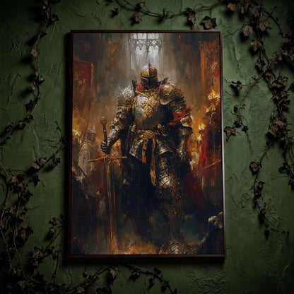 Medieval Knight in Armor Canvas Art, Dark Fantasy Warrior Print in dark walnut floating frame