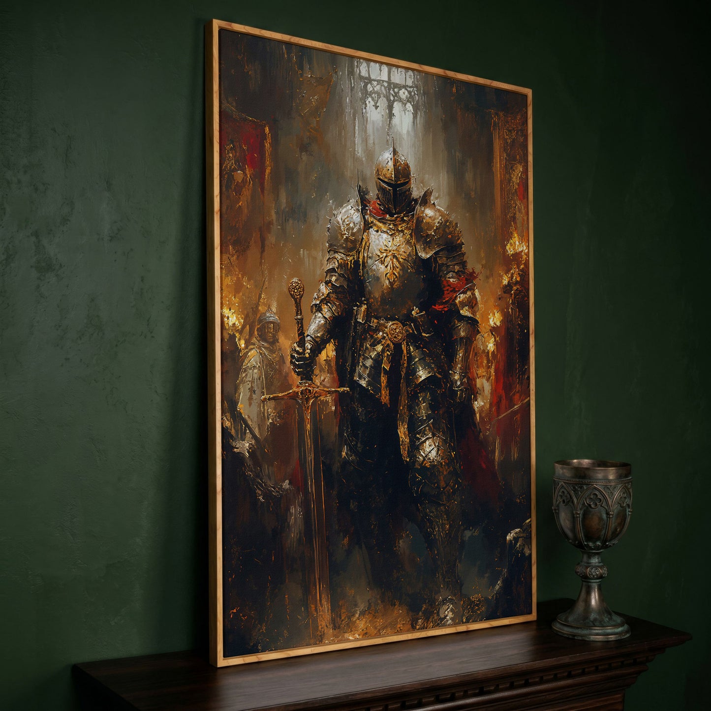 Medieval Knight in Armor Canvas Art, Dark Fantasy Warrior Print in white oak floating frame