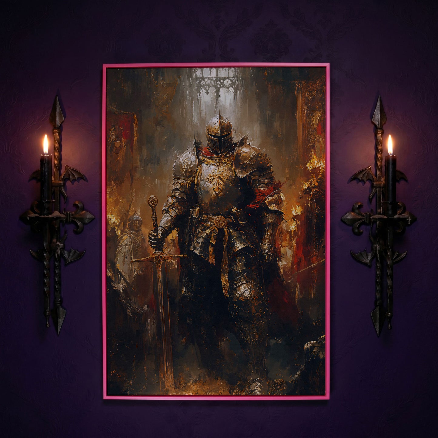 Medieval Knight in Armor Canvas Art, Dark Fantasy Warrior Print in pink floating frame