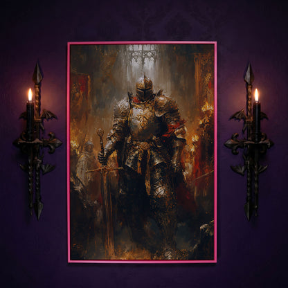 Medieval Knight in Armor Canvas Art, Dark Fantasy Warrior Print in pink floating frame