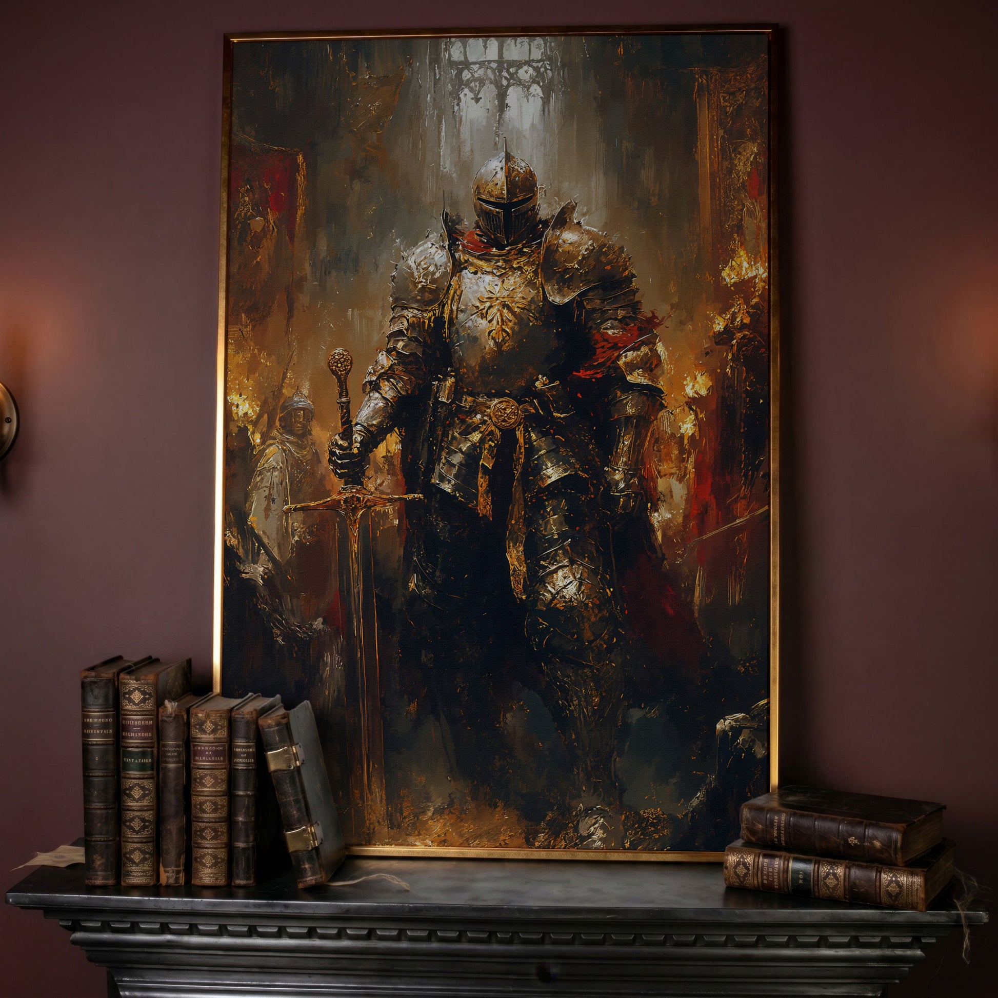 Medieval Knight in Armor Canvas Art, Dark Fantasy Warrior Print in rose gold floating frame