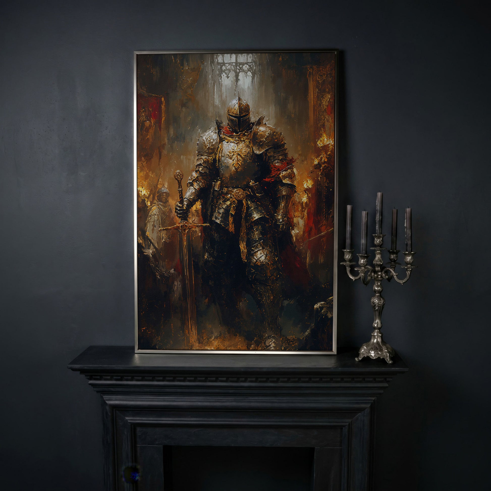 Medieval Knight in Armor Canvas Art, Dark Fantasy Warrior Print in silver floating frame