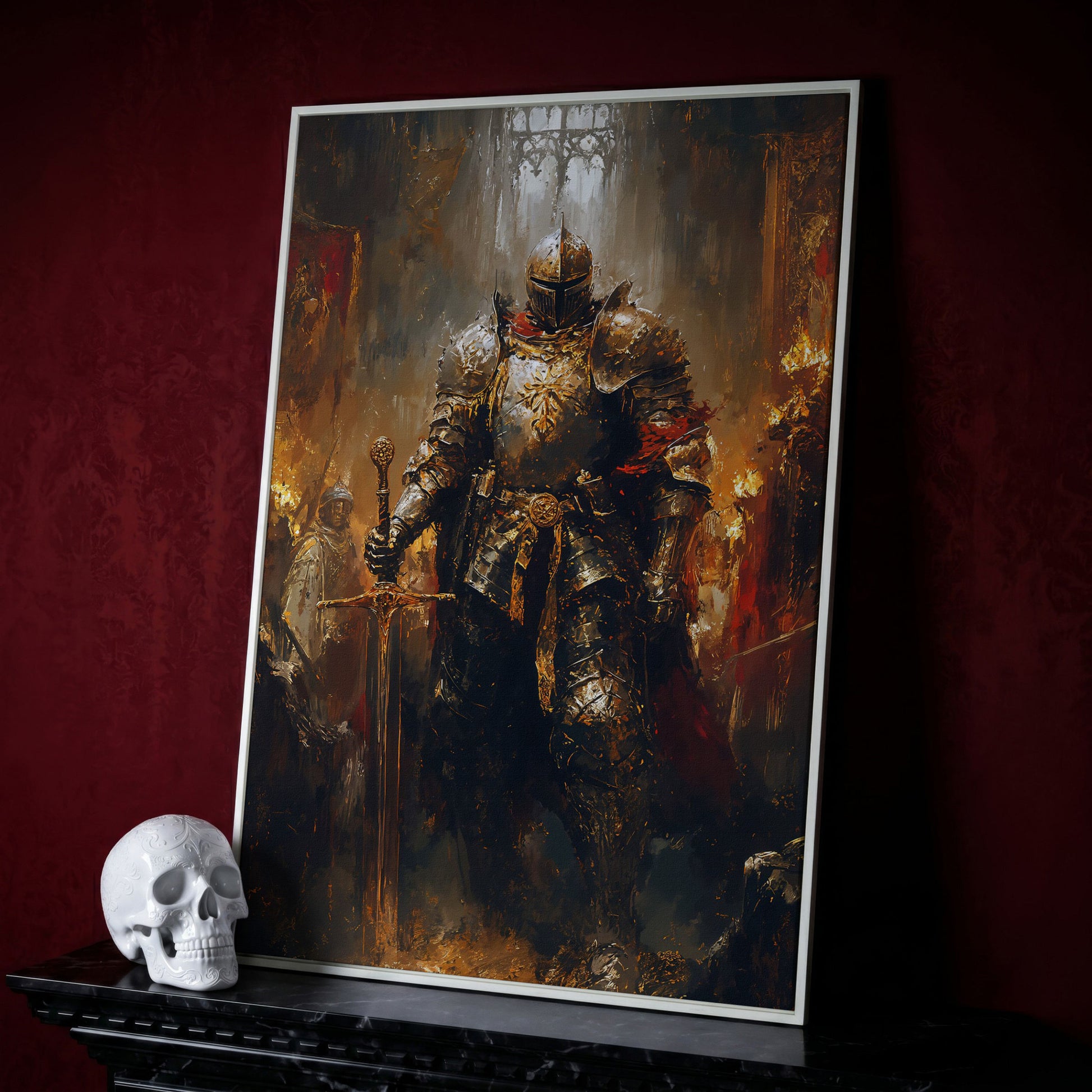 Medieval Knight in Armor Canvas Art, Dark Fantasy Warrior Print in white floating frame