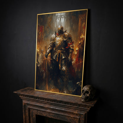 Medieval Knight in Armor Canvas Art, Dark Fantasy Warrior Print in yellow gold floating frame
