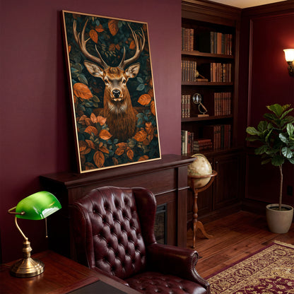 Mystical Forest Deer Canvas in antique gold floating frame