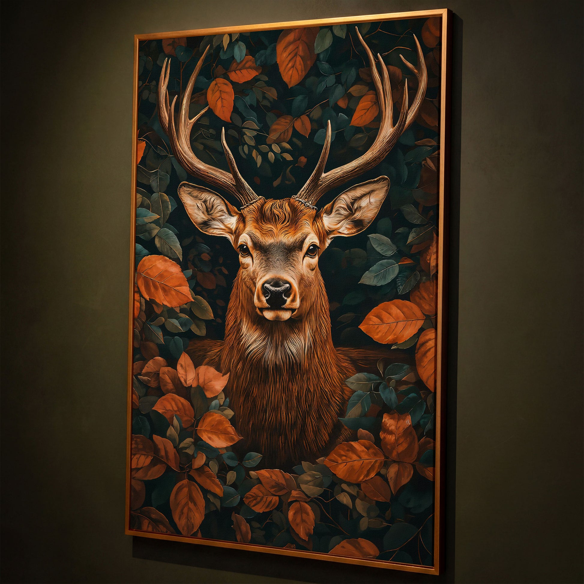 Mystical Forest Deer Canvas shown in antique gold floating frame