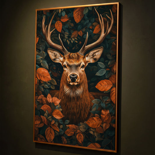 Mystical Forest Deer Canvas shown in antique gold floating frame
