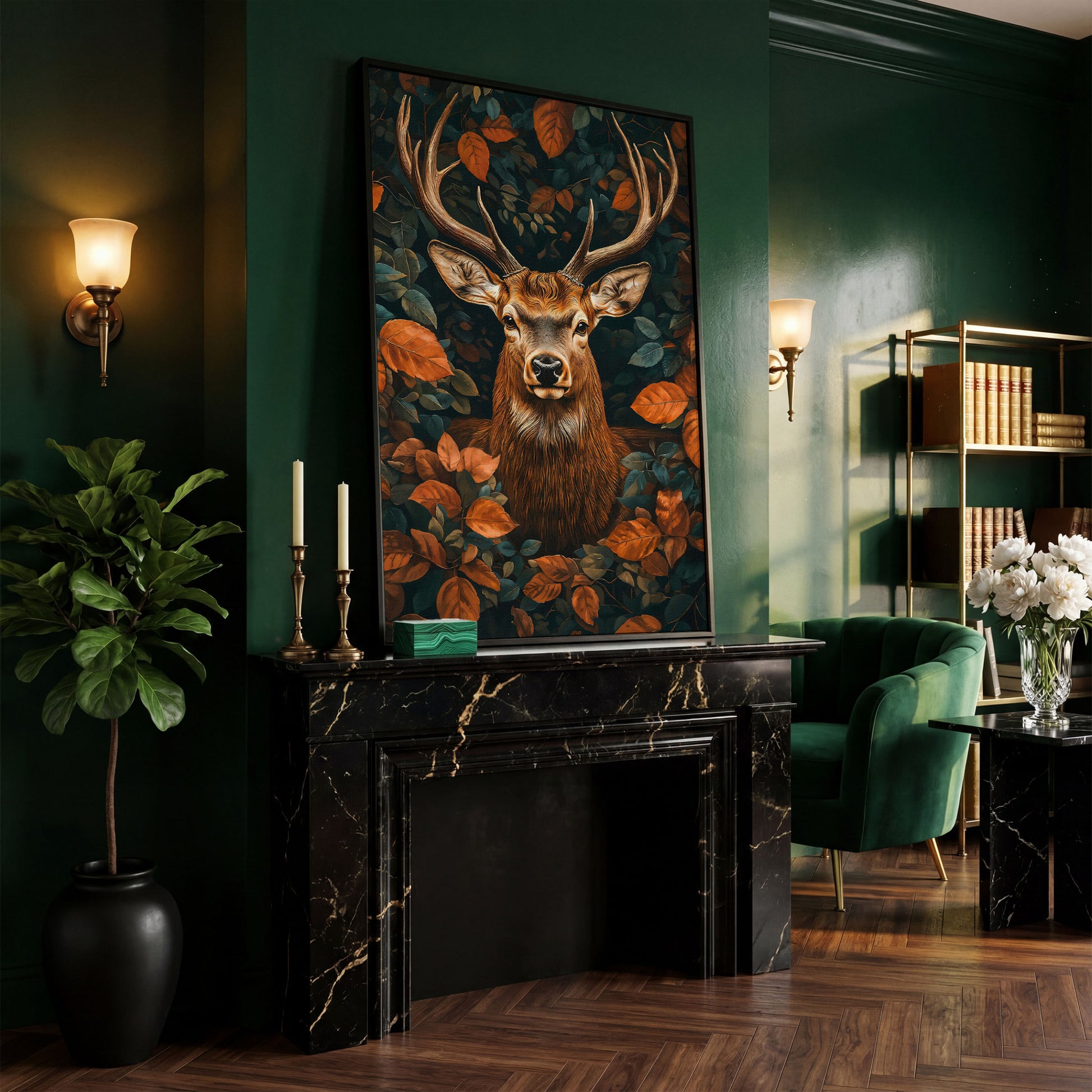 Mystical Forest Deer Canvas in black floating frame