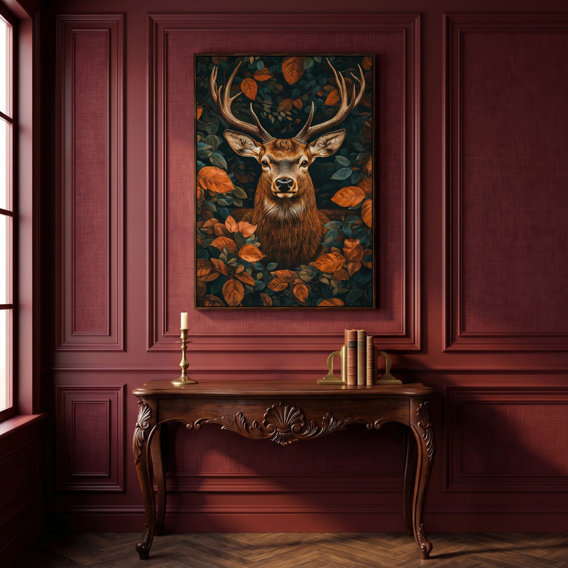 Mystical Forest Deer Canvas in dark walnut floating frame