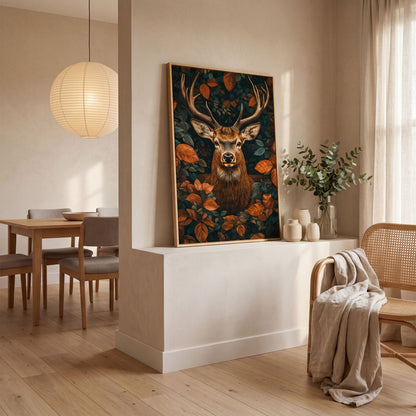 Mystical Forest Deer Canvas in white oak floating frame
