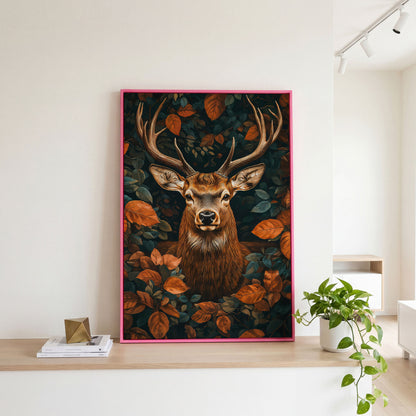 Mystical Forest Deer Canvas in pink floating frame