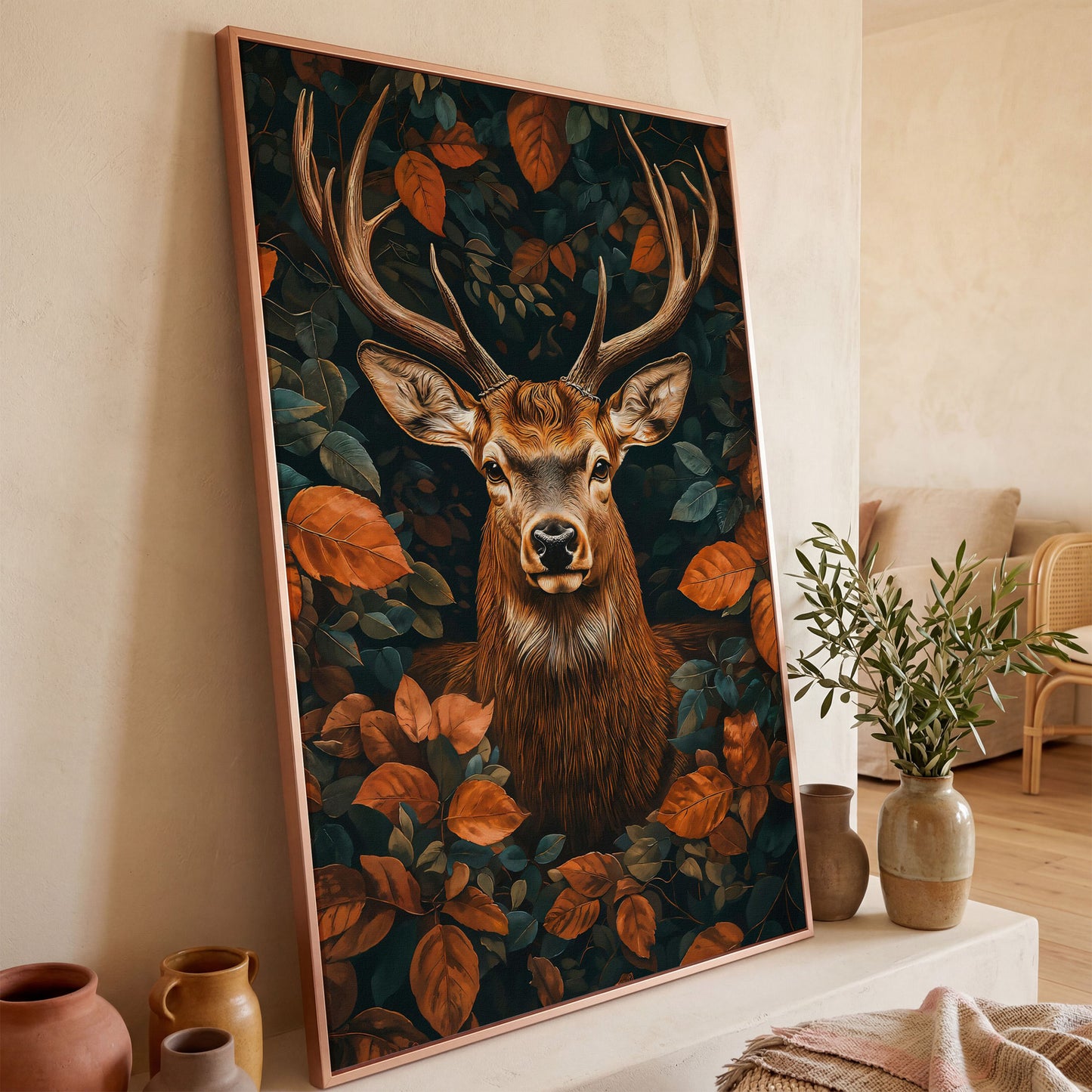 Mystical Forest Deer Canvas in rose gold floating frame