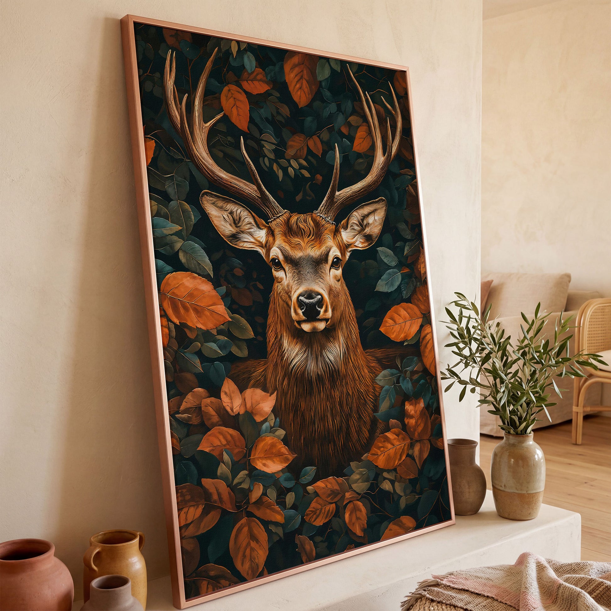 Mystical Forest Deer Canvas in rose gold floating frame